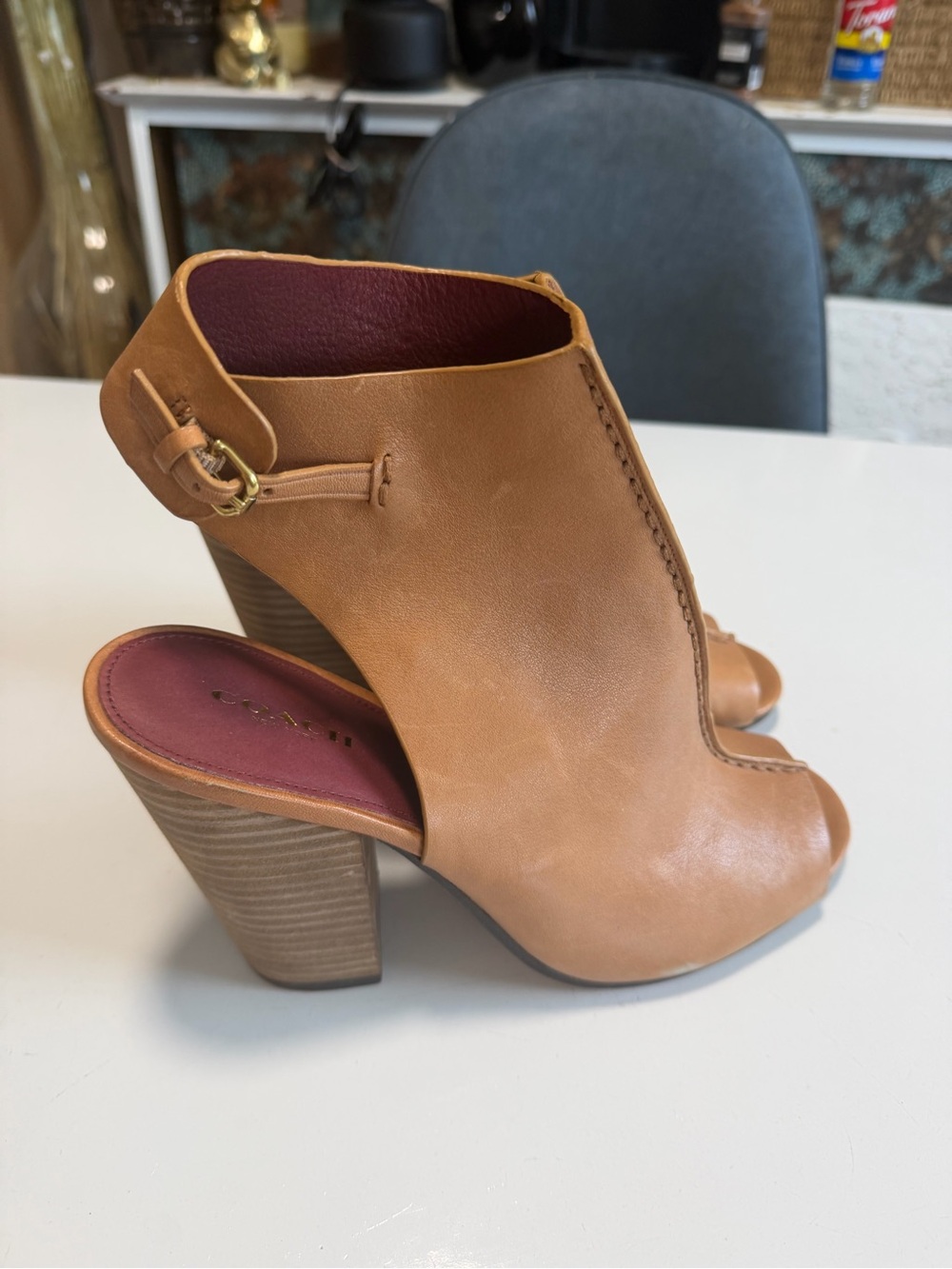 Coach Tan Leather Peep Toe Heeled Bootie Mules Size 9.5 B